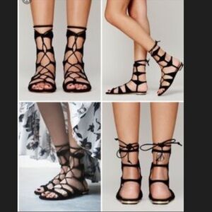 New Black suede lace up strappy Gladiator sandals Strappy shoes black sandals